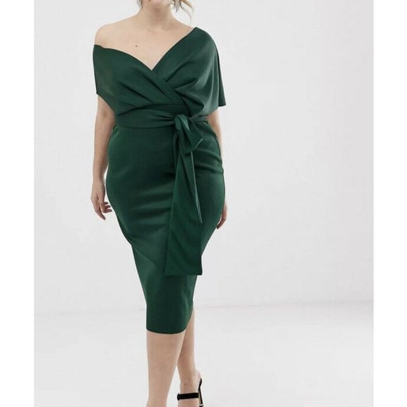 NWT ASOS DESIGN Curve Green Fallen Shoulder Midi Pencil Dress US Size 24 Plus - Picture 4 of 8